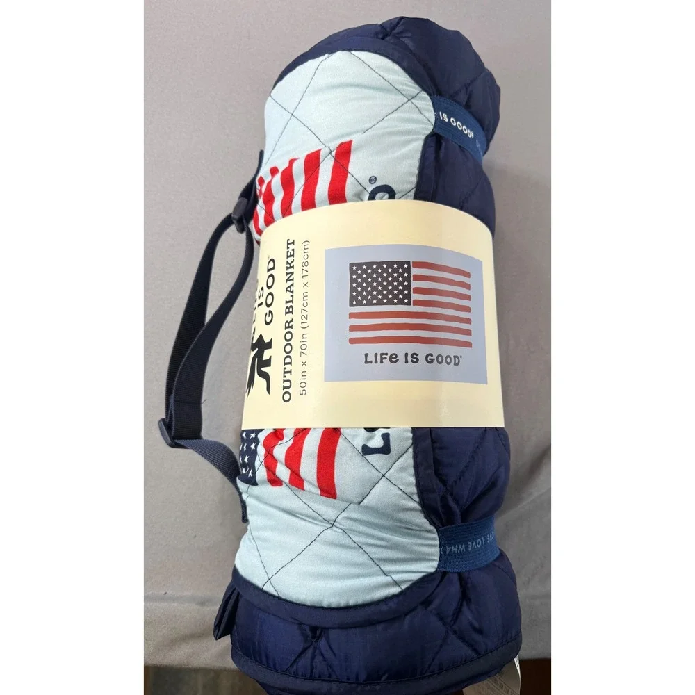 NEW Life is Good Outdoor Blanket American Flag Patriotic Quilted Navy 50x70 NWT